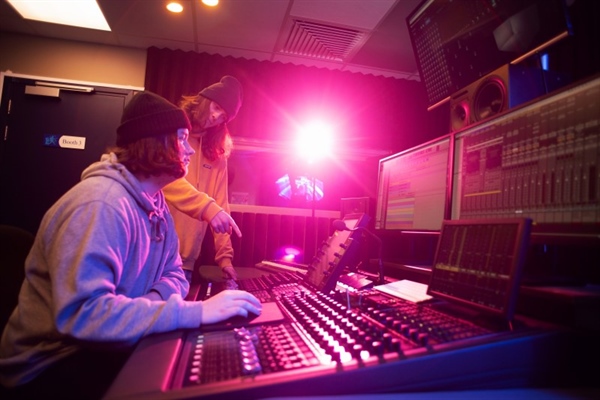 MAINZ Christchurch students working on Avid S6 mixing console in the immersive audio studio